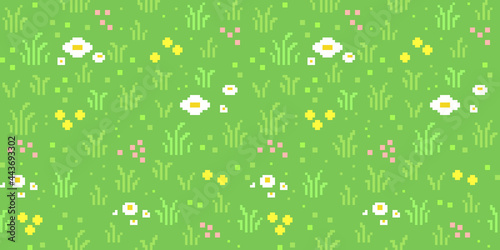 Pixel art meadow with flowers background. Seamless lawn texture backdrop.