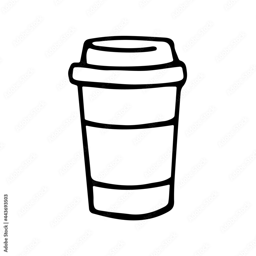 Take away coffee cup icon in doodle style. Vector sign coffee to go. Disposable plastic cup, fast food. Classic paper cup isolated on white background. Logo for coffee shop. Take away coffee cup icon in doodle style. Vector sign coffee to go. Disposable plastic cup, fast food. Classic paper cup isolated on white background. Logo for coffee shop.