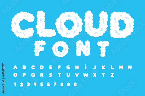 Cloud font, alphabet, letters and numbers. ABCs of white clouds in blue sky. flat style
