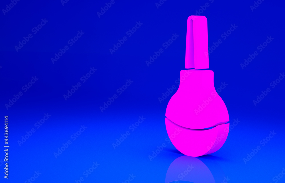 Pink Enema icon isolated on blue background. Enema with a plastic tip. Medical pear. Minimalism concept. 3d illustration 3D render Pink Enema icon isolated on blue background. Enema with a plastic tip. Medical pear. Minimalism concept. 3d illustration 3D render