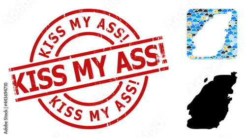 Weather collage map of Bowen Island, and grunge red round Kiss My Ass! stamp seal. Geographic vector mosaic map of Bowen Island is composed as hole from rounded square and randomized rain, cloud, sun,