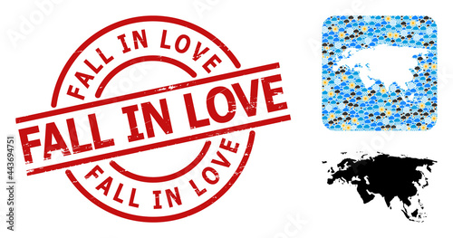 Climate mosaic map of Europe and Asia, and rubber red round Fall in Love badge. Geographic vector mosaic map of Europe and Asia is organized as carved shape from rounded square and random rain, cloud,