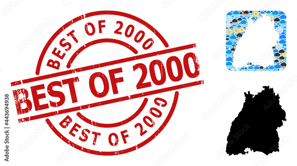 Weather pattern map of Baden-Wurttemberg State, and distress red round Best of 2000 stamp seal. Weather pattern map of Baden-Wurttemberg State, and distress red round Best of 2000 stamp seal.