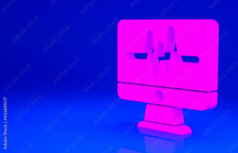 Pink Computer monitor with cardiogram icon isolated on blue background. Monitoring icon. ECG monitor with heart beat hand drawn. Minimalism concept. 3d illustration 3D render