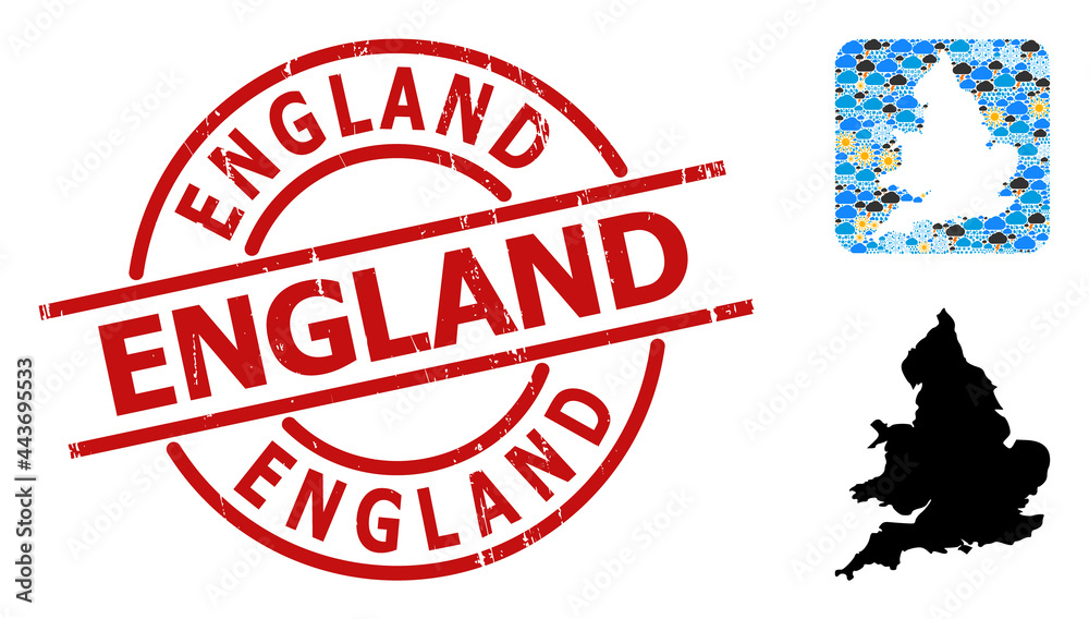 Weather collage map of England, and grunge red round England badge. Geographic vector concept map of England is organized as subtraction from rounded square and random rain, cloud, sun, Weather collage map of England, and grunge red round England badge. Geographic vector concept map of England is organized as subtraction from rounded square and random rain, cloud, sun,