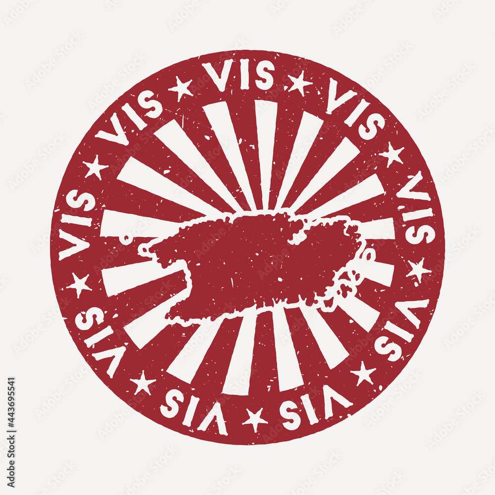 Vis stamp. Travel red rubber stamp with the map of the island, vector illustration. Can be used as insignia, logotype, label, sticker, or badge of Vis.