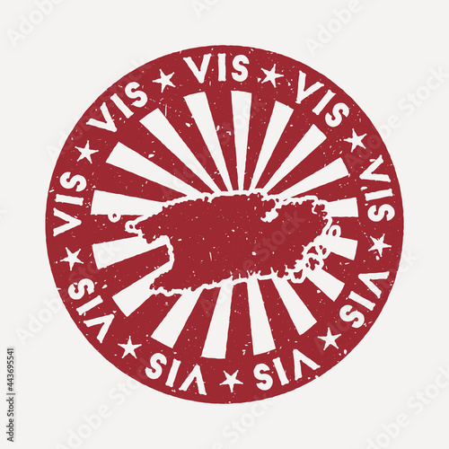 Vis stamp. Travel red rubber stamp with the map of the island, vector illustration. Can be used as insignia, logotype, label, sticker, or badge of Vis.