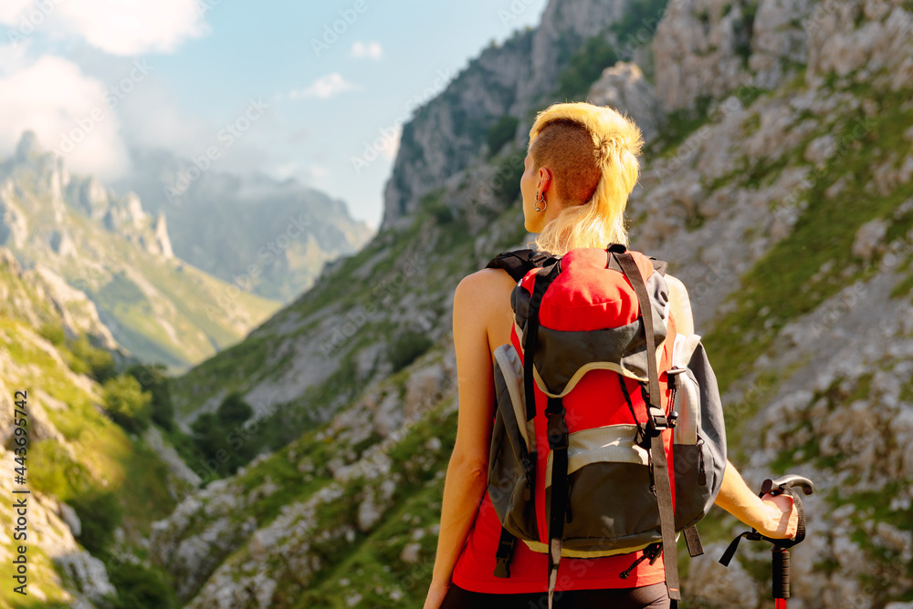 young woman with backpack observing the mountainous landscape during a mountain hike. healthy lifestyle and mountain sports.