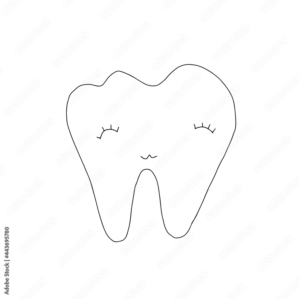 Hand drawn doodle smiling tooth isolated on white background. Design for dental clinic, print on card, kid book, sticker, poster, brochure, banner Hand drawn doodle smiling tooth isolated on white background. Design for dental clinic, print on card, kid book, sticker, poster, brochure, banner