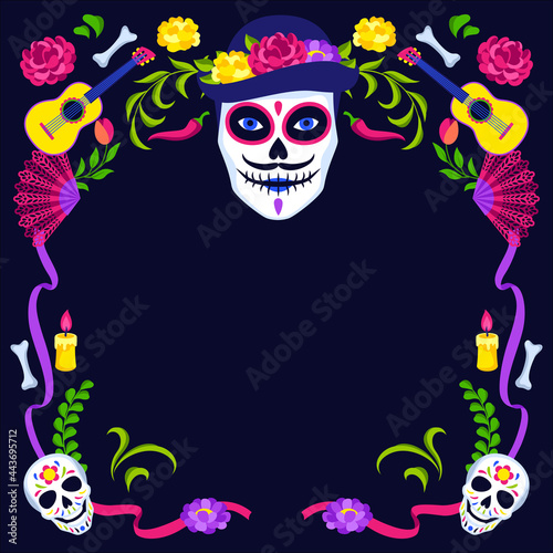 Day of the Dead decorative frame. Dia de los muertos. Mexican celebration.