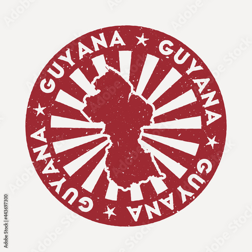 Guyana stamp. Travel red rubber stamp with the map of the country, vector illustration. Can be used as insignia, logotype, label, sticker, or badge of Guyana.