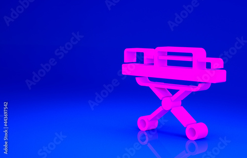 Pink Stretcher icon isolated on blue background. Patient hospital medical stretcher. Minimalism concept. 3d illustration 3D render