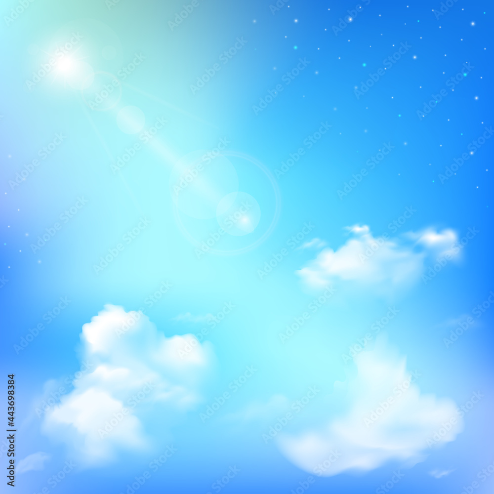 Realistic sun and stars design in blue sky. Peace and beauty, vector illustration. Realistic sun and stars design in blue sky. Peace and beauty, vector illustration.