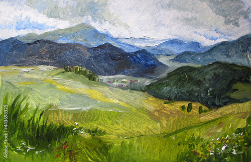 Fototapeta Naklejka Na Ścianę i Meble -  Landscape Oil Painting. The Oil Painting of the Mountains Landscape