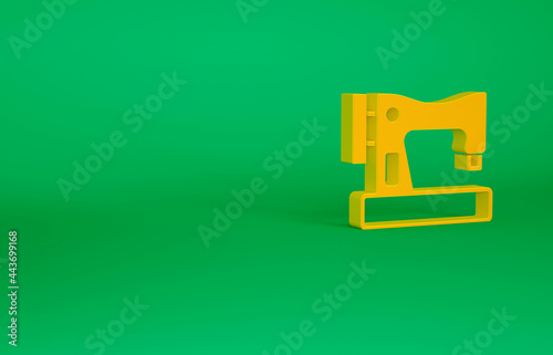 Orange Sewing machine icon isolated on green background. Minimalism concept. 3d illustration 3D render