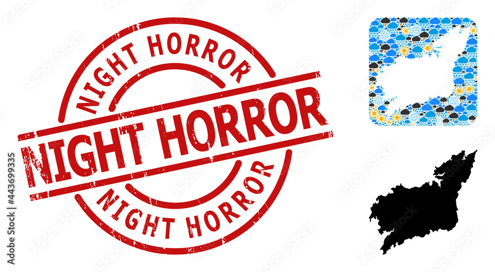 Climate collage map of La Coruna Province, and scratched red round Night Horror seal. Geographic vector collage map of La Coruna Province is done as subtraction from rounded square and scattered rain,
