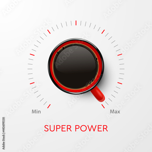 Coffee Super Power Concept. Vector 3d Realistic Red Mug with Black Coffee and Volume Scale. Banner with Coffee Cup and Phrase about Coffee. Stock Illustration. Design Template. Top View