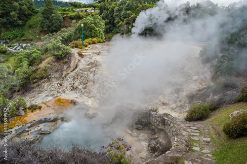 Selective focus in Boiling sulfur water at high temperature and with blur of smoke in Furnas tourist attraction, São Miguel - Azores PORTUGAL