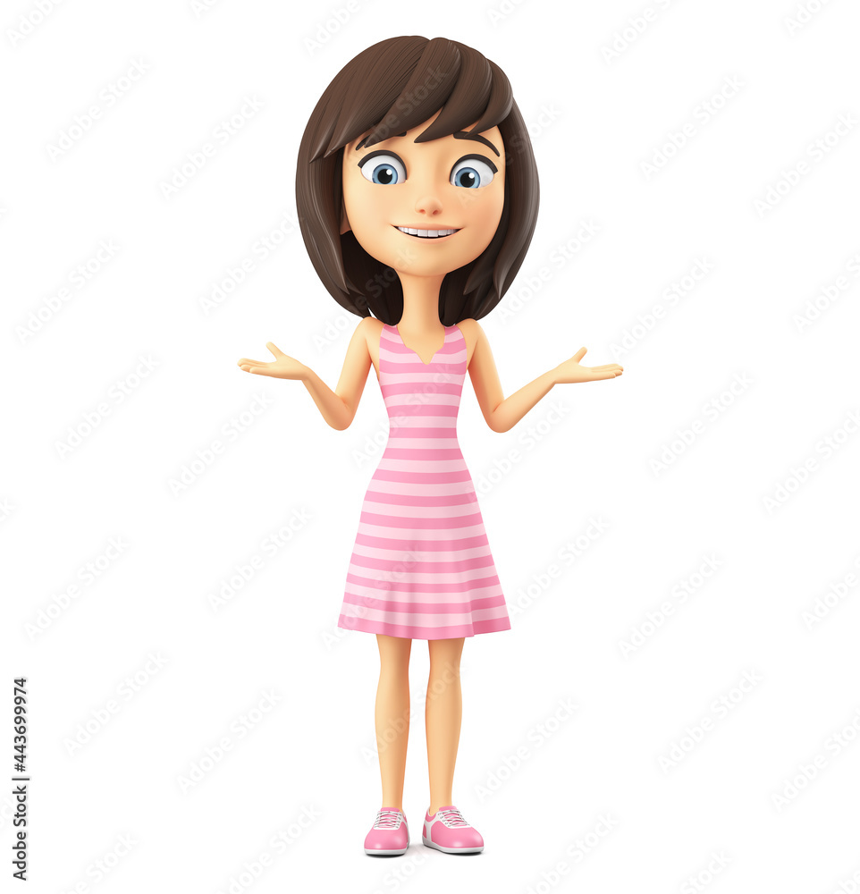 Cartoon character girl in a pink dress don’t know. 3d render. Cartoon character girl in a pink dress don’t know. 3d render.