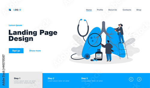 Tiny doctors diagnosing giant lungs or respiratory system. Flat vector illustration. Cartoon medic pulmonology specialists testing lungs for asthma, tuberculosis, cancer. Medicine, healthcare concept