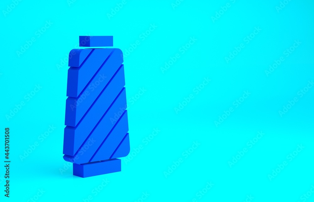 Blue Sewing thread on spool icon isolated on blue background. Yarn spool. Thread bobbin. Minimalism concept. 3d illustration 3D render Blue Sewing thread on spool icon isolated on blue background. Yarn spool. Thread bobbin. Minimalism concept. 3d illustration 3D render