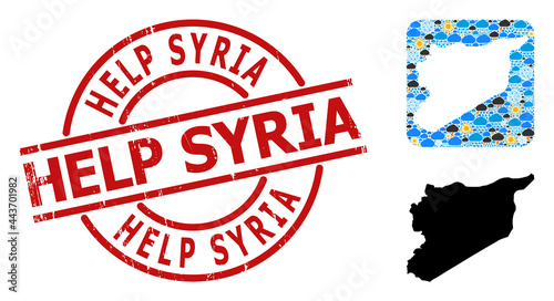 Weather pattern map of Syria, and scratched red round Help Syria stamp seal. Geographic vector composition map of Syria is combined as subtraction from rounded square and randomized rain, cloud, sun,