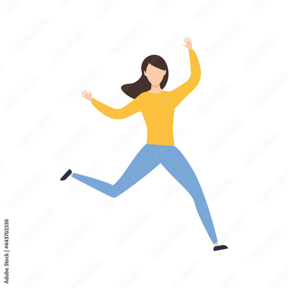Happy woman jumping. Cute girl dance. Success concept. Vector isolated on white