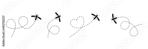 Mosquito icon set. Mosquitoes flying on dotted route collection. Black insect silhouettes. Vector illustration isolated on white background photo