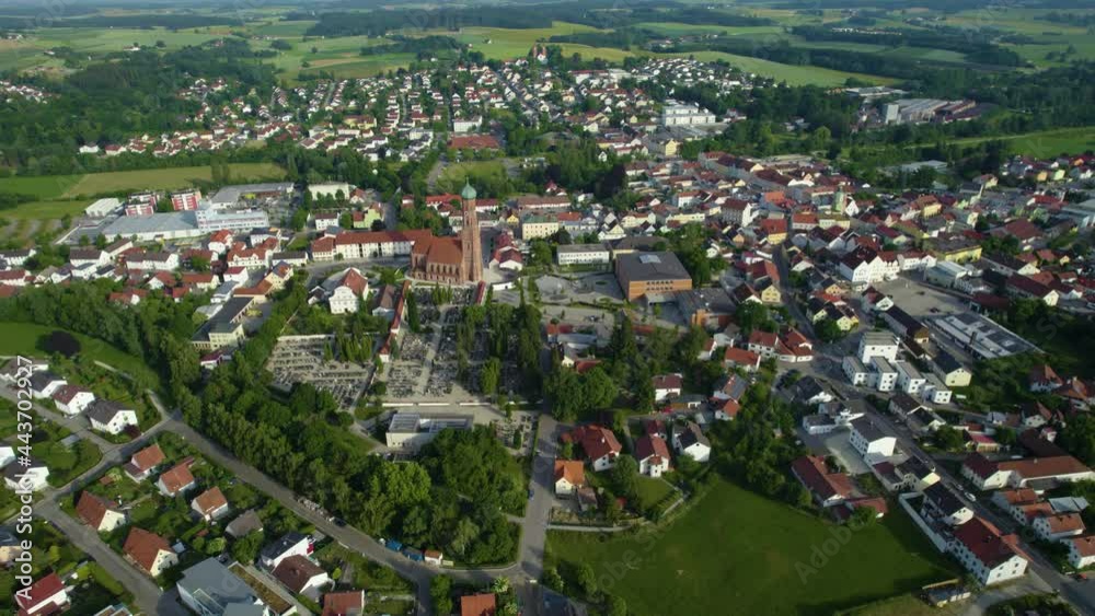 Aerial view around the city Vilsbiburg in Germany., Bavaria on a sunny afternoon in spring. Aerial view around the city Vilsbiburg in Germany., Bavaria on a sunny afternoon in spring.