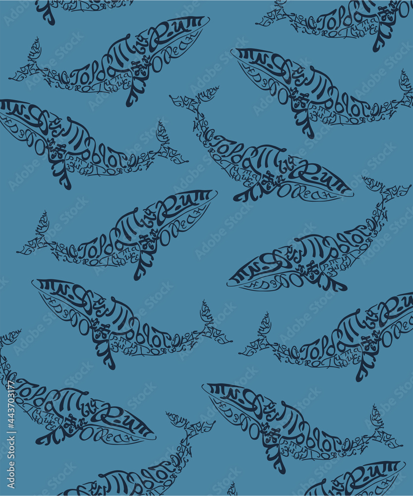 Beautiful raster pattern with blue humpback whale. Background with decorative for textiles, wrappers, fabrics, clothing, covers, paper, printing, scrapbooking. Blue humpback whale