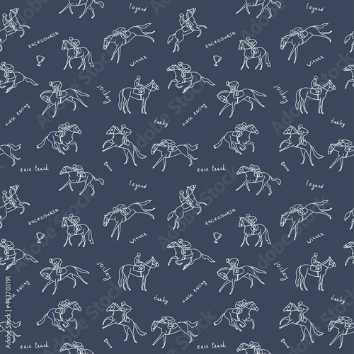 Seamless pattern with horse racing topic. Creative texture for fabric, wrapping, textile, wallpaper, apparel. Vector illustration