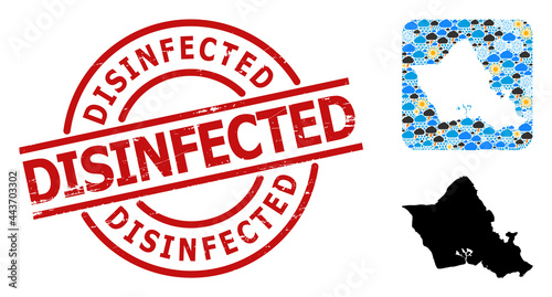 Weather collage map of Oahu Island, and grunge red round Disinfected badge. Geographic vector collage map of Oahu Island is composed as hole from rounded square and scattered rain, cloud, sun,