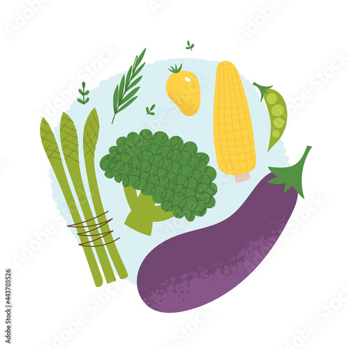 Vegetable circle composition. Trendy flat hand drawn poster with eggplant, broccoli, asparagus. Organic fresh vegan food concept.