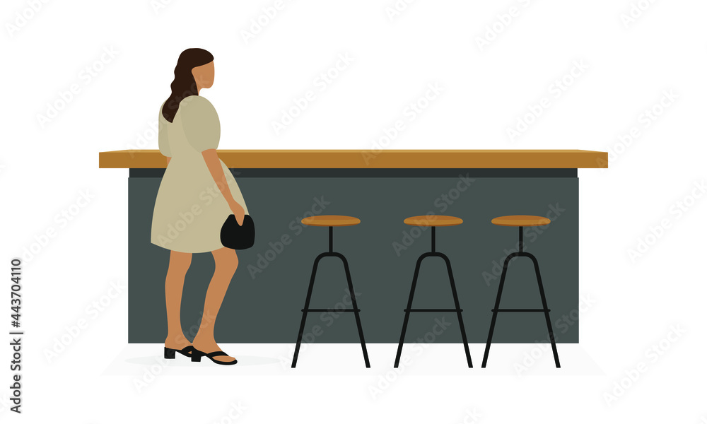Bar table with chairs and a young female character in a beautiful dress and with a handbag in her hand on a white background