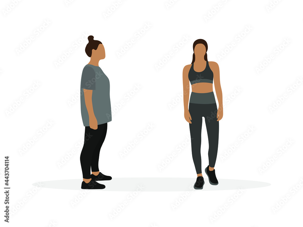Fat female character and slim female character in sportswear together on a white background