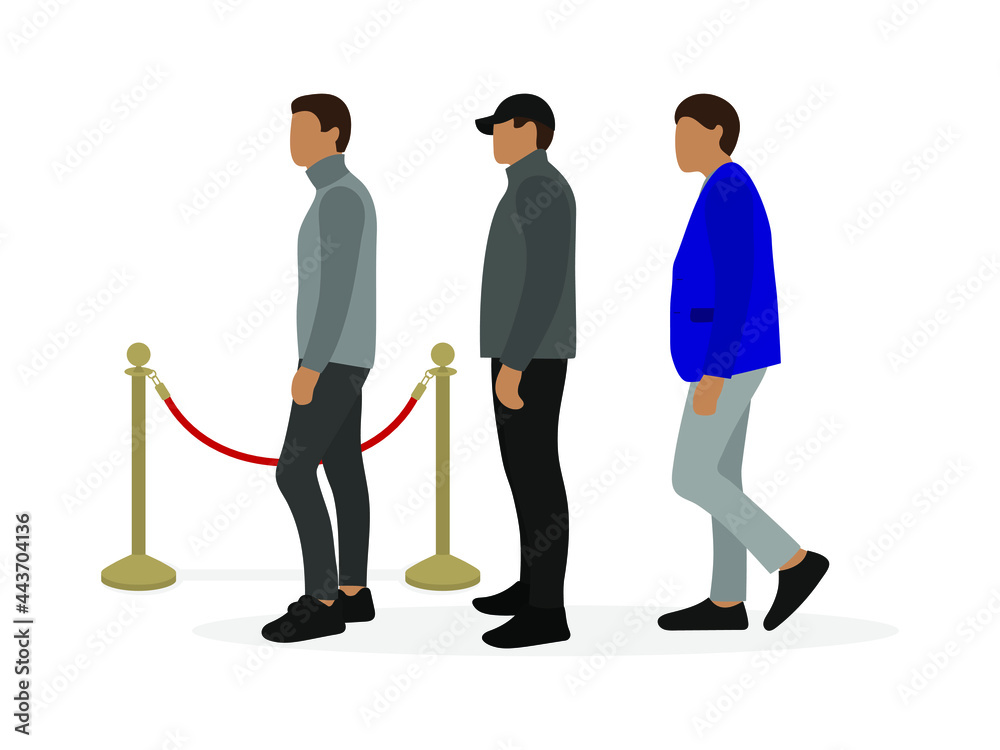 Three male characters stand in front of the fence posts with a red cord Three male characters stand in front of the fence posts with a red cord