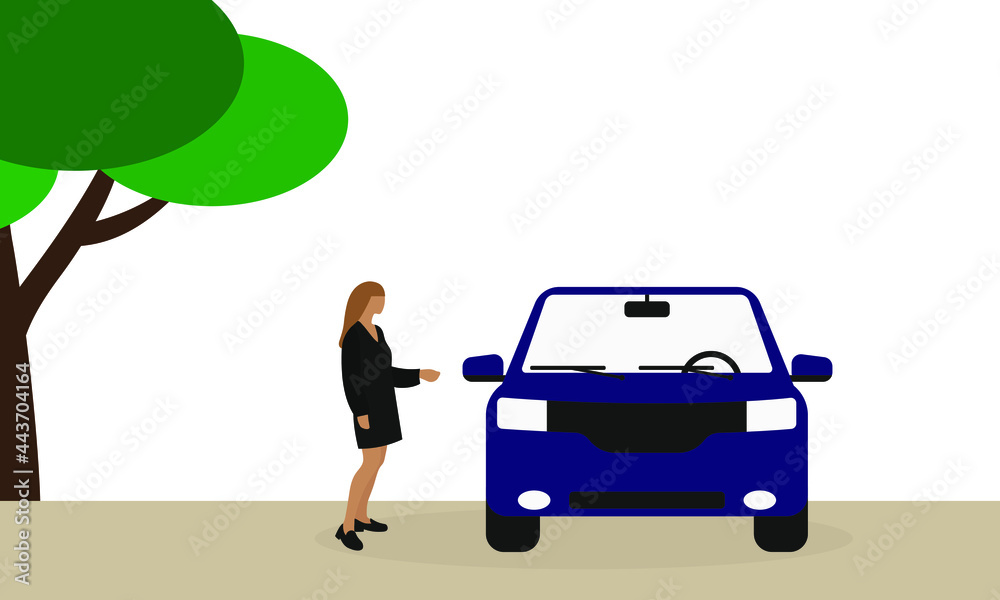 Female character demonstrates a car outdoors Female character demonstrates a car outdoors