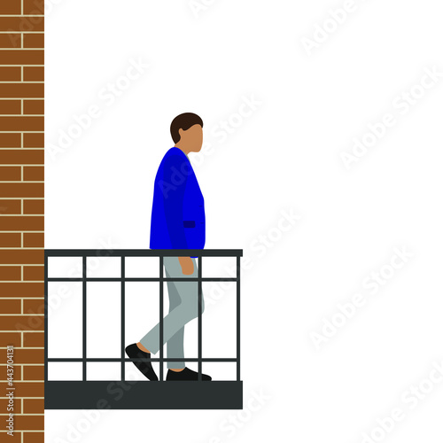 Male character standing on the balcony on a white background
