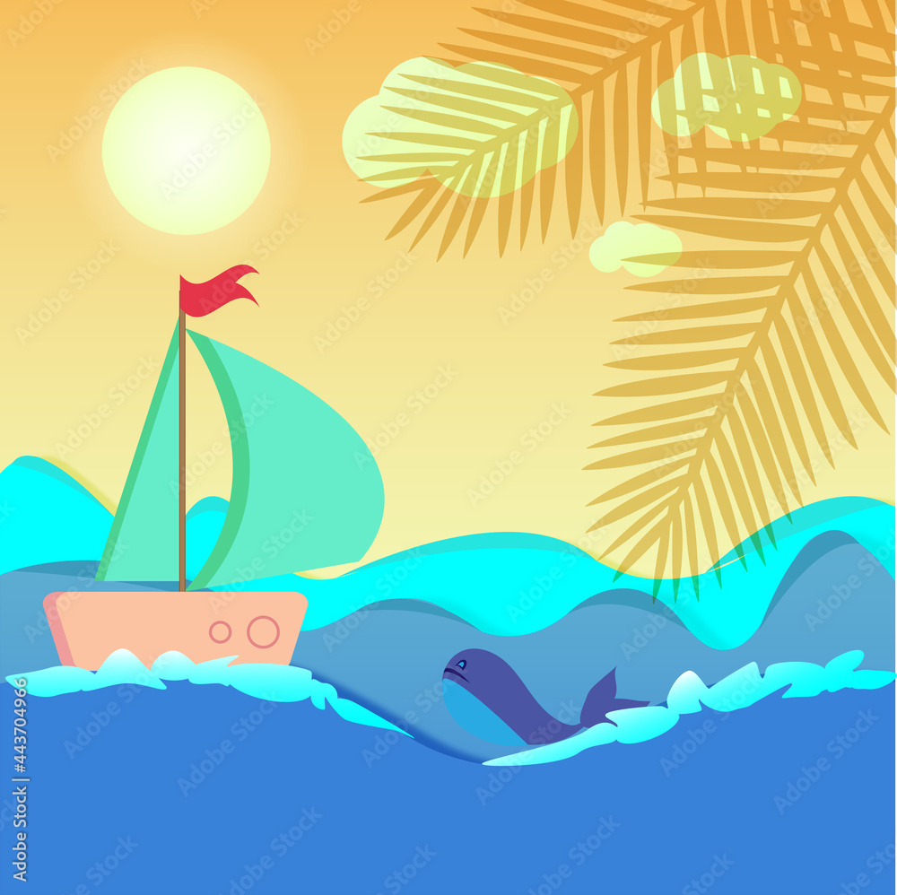 Summer seascape with hanging elements. Vector illustration