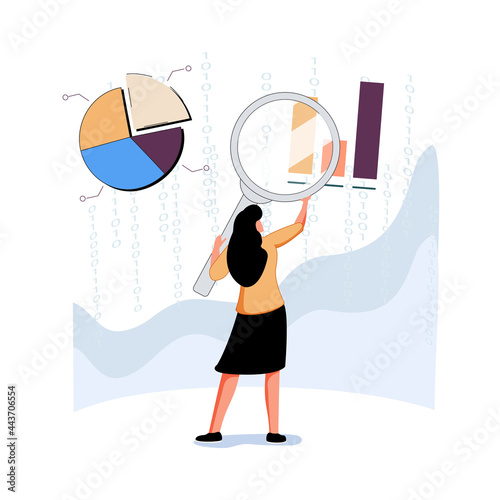 Analyst looking at digits and diagrams through magnifying glass. Concept of big data analysis, business analytics, stats
