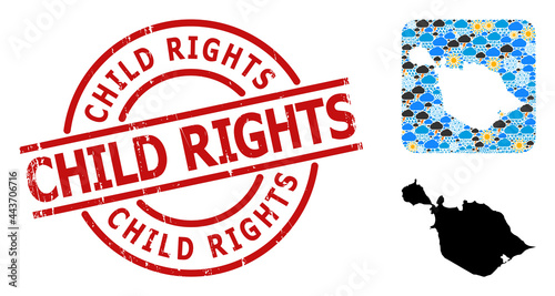 Climate collage map of Heard and McDonald Islands, and grunge red round Child Rights seal.