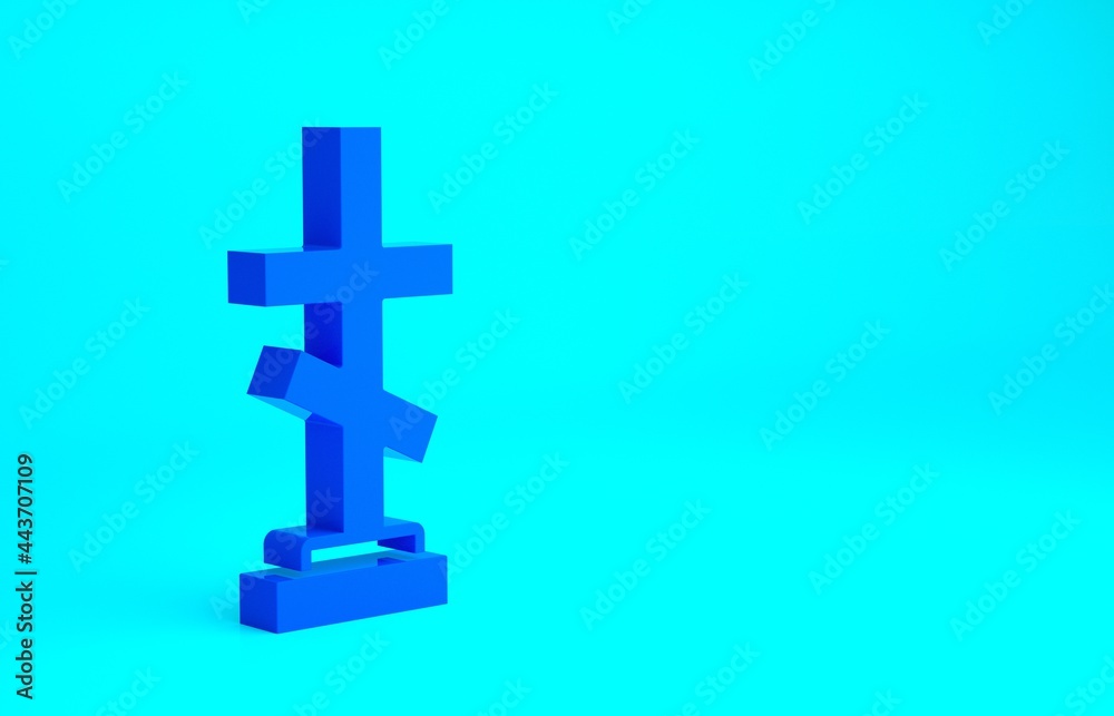 Obraz premium Blue Grave with cross icon isolated on blue background. Minimalism concept. 3d illustration 3D render