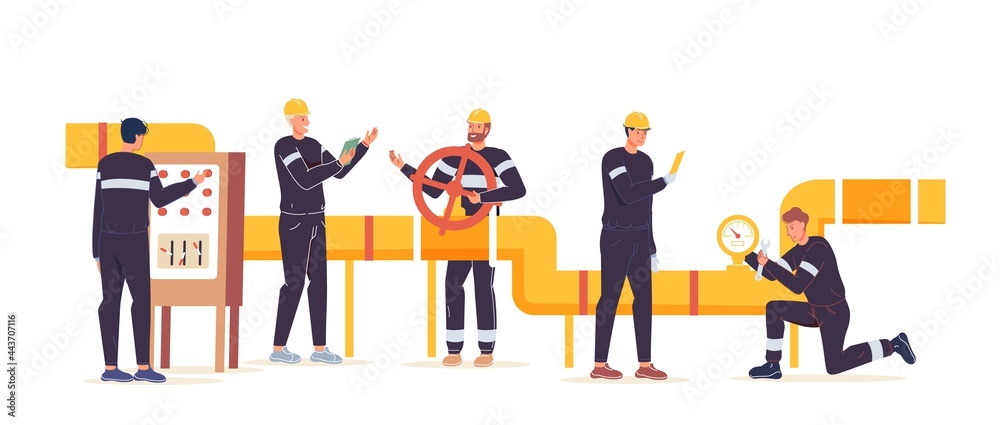 Vector cartoon flat industrial worker characters at gas,petroleum production work.Engineer workers building new pipeline-oil and gas exploration,extraction,refining,web online site banner ad concept