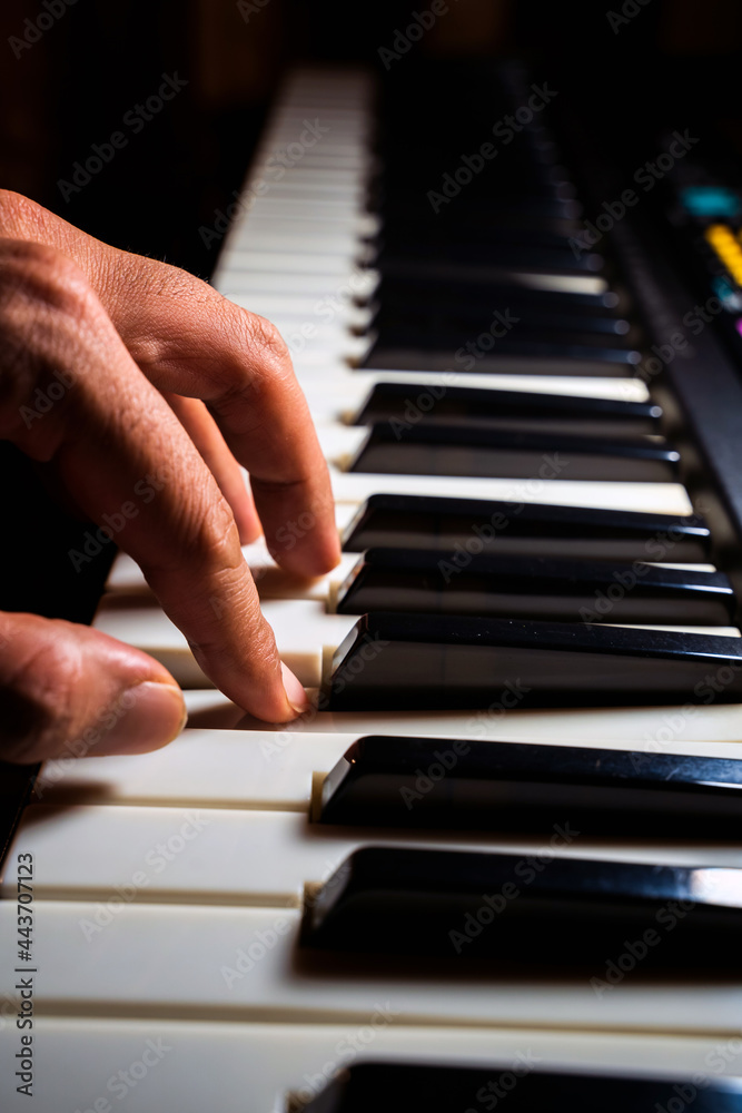 Obraz premium Close Up Of a human or person fingers or hand Playing Piano. Man playing musical instrument concept.