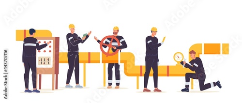 Vector cartoon flat industrial worker characters at gas,petroleum production work.Engineer workers building new pipeline-oil and gas exploration,extraction,refining,web online site banner ad concept