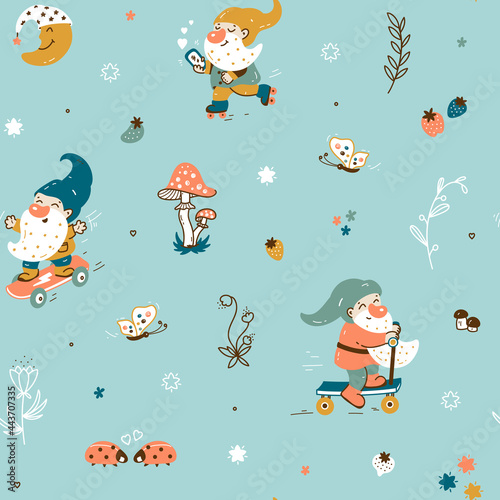 Cute Garden Gnomes Scandinavian Seamless pattern. Fairytale Background