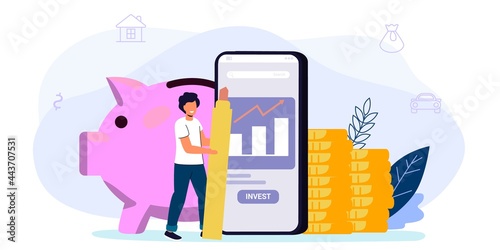 Online investment with mobile phone concept Financial technology and business investment illustration Saving and investing cash Piggy bank in form of piglet Financial services Accumulation of money