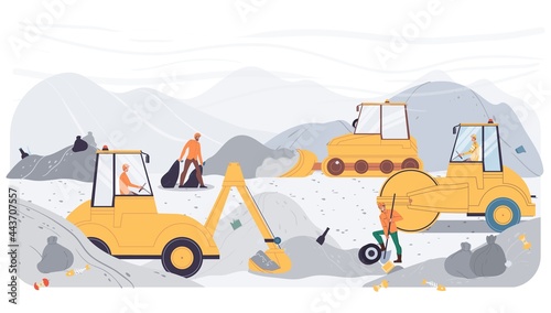 Vector cartoon flat industrial worker characters at garbage removal work.Sanitation workers drive trash disposal machines,cleaning dump-recycling,energy,resource recovery,web site banner concept