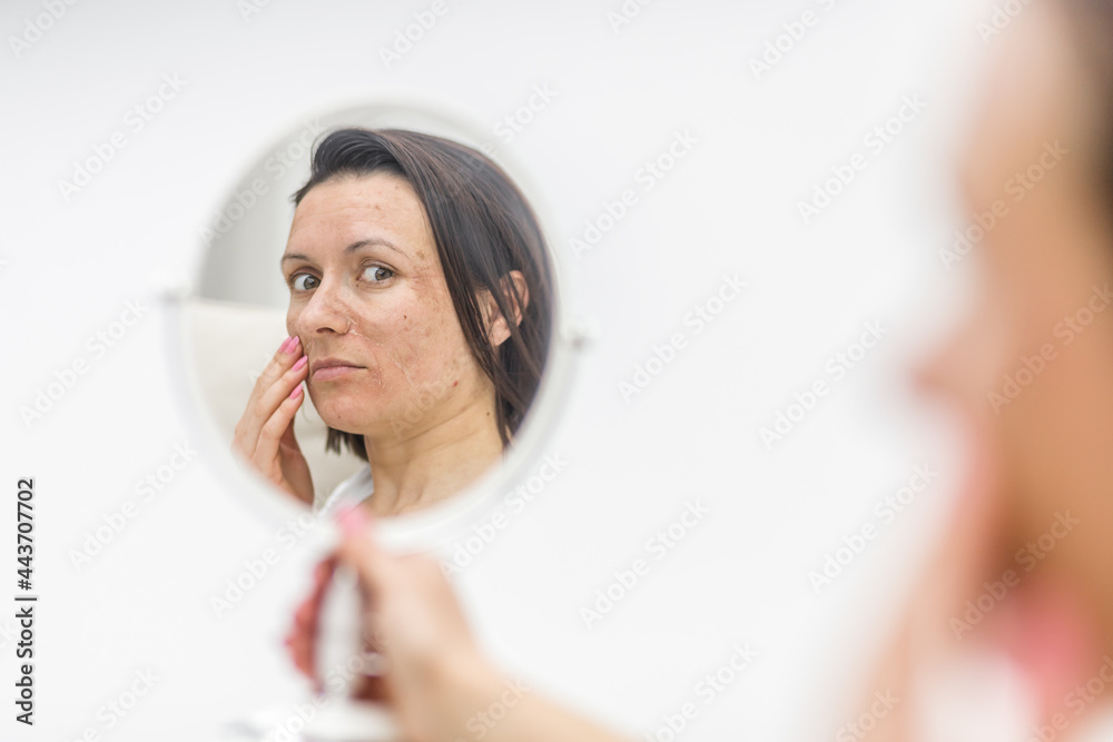 3d illustration of mirror reflection with female face. 3d illustration of mirror reflection with female face.