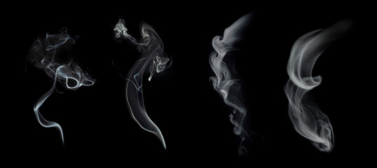 Fog or smoke set isolated on black background. White cloudiness, mist or smog background.